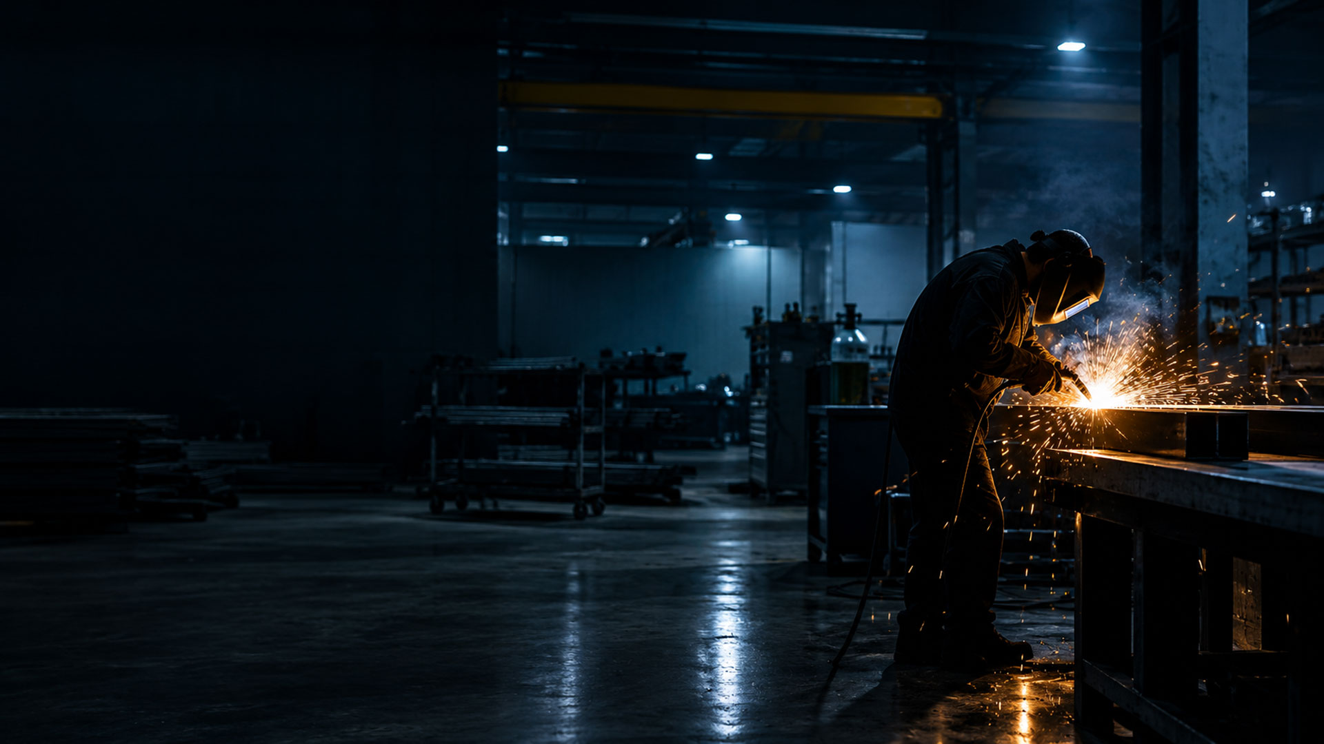 A welder working on a steel section in the USRI Lorry Body workshop, with sparks lighting the dark hall